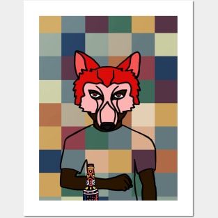 Pixelated Male Character with Animal Mask and Freakish Skin Holding a Dark Bottle Posters and Art